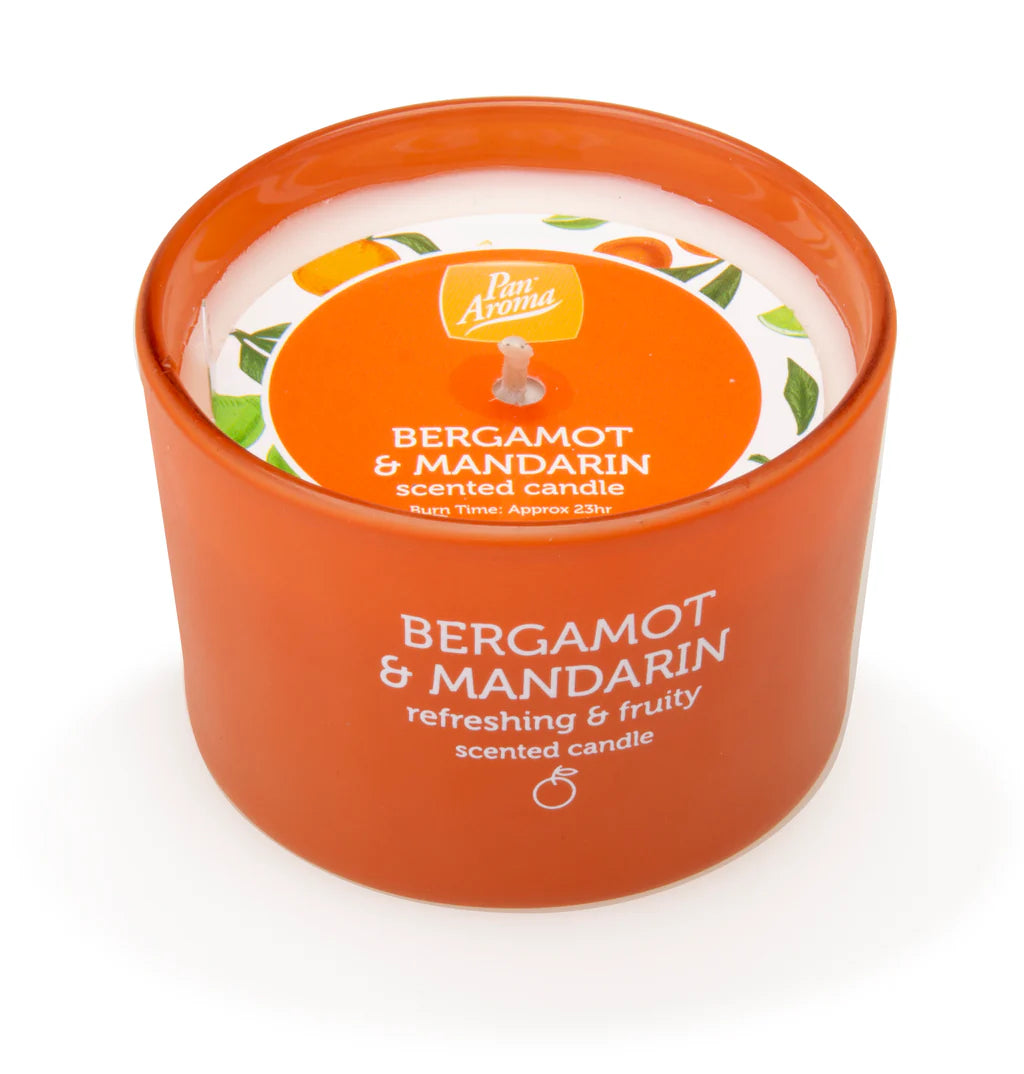 PAN0481 x24 85G COLOURED JAR CANDLE - BERGAMOT & MANDARIN